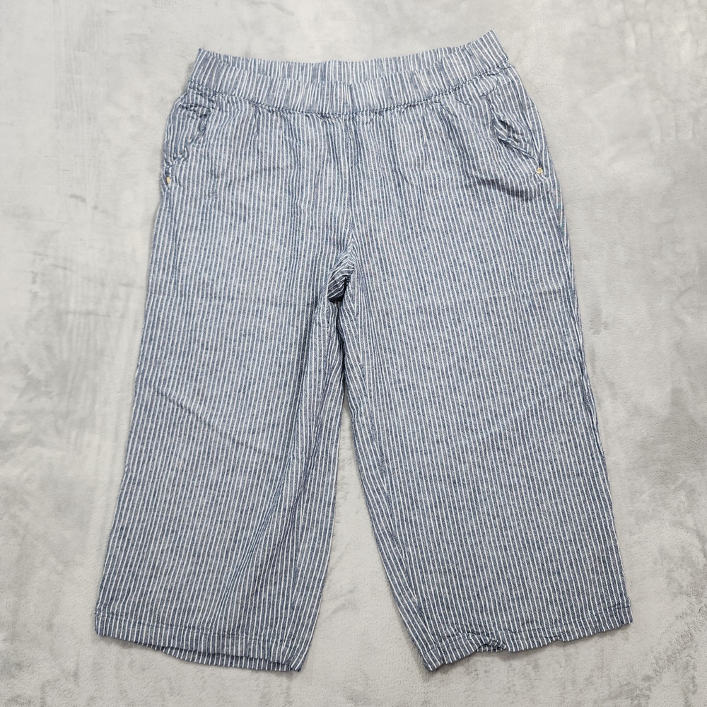 Anne Klein Pants Womens 1X Blue Striped Linen Blend Crop Wide Leg Pull On Casual